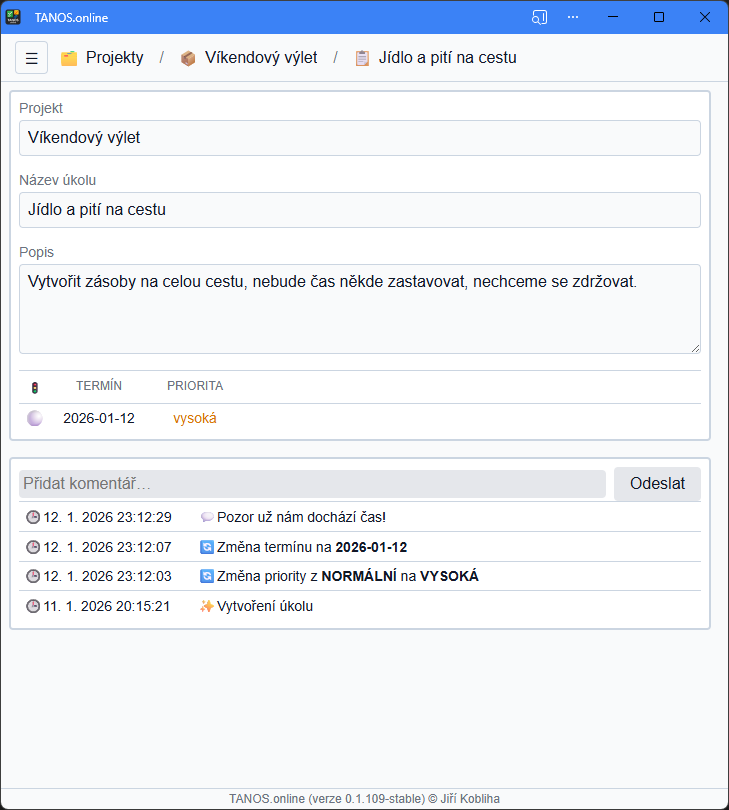 Detail úkolu a historie (tmavý motiv)