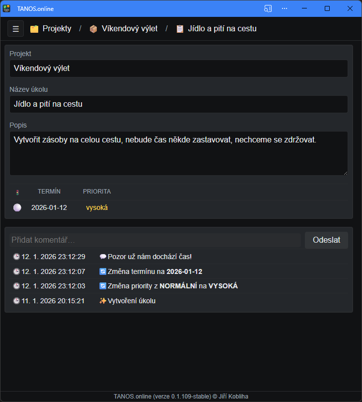 Detail úkolu a historie (tmavý motiv)