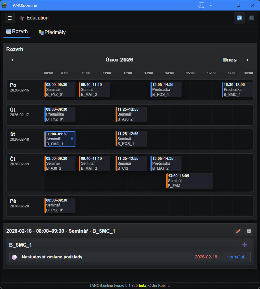 Education modul – rozvrh v tmavém motivu