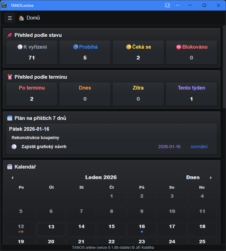 Accueil, tableaux de bord et calendrier (thème sombre)