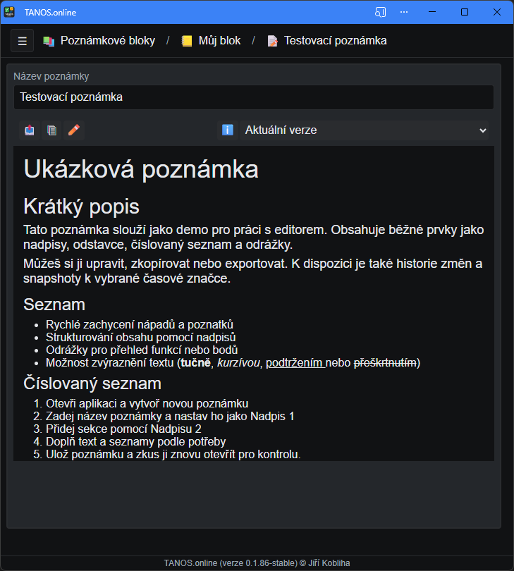 Poznámky a editor (tmavý motiv)