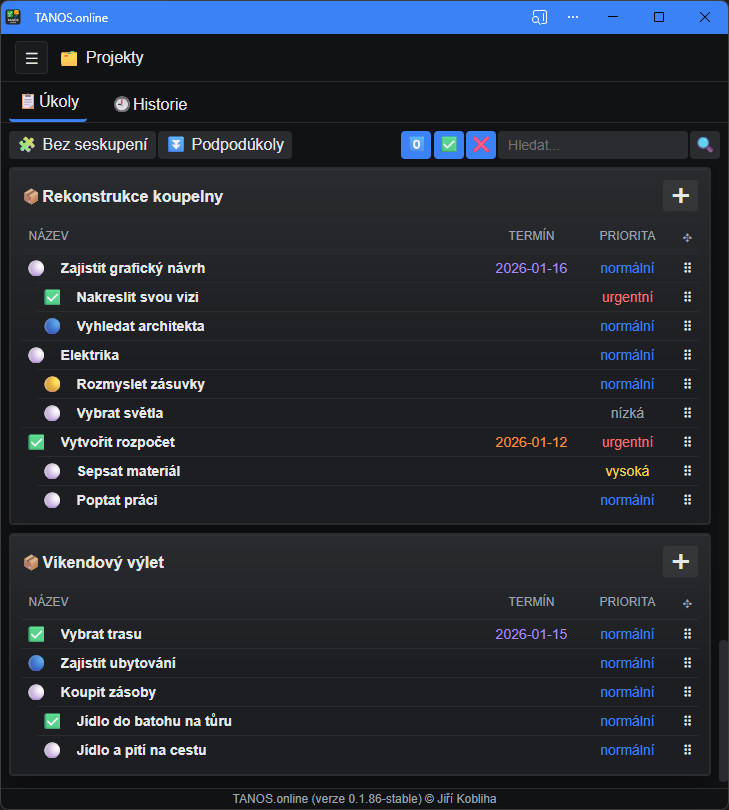 Projekty a úkoly (tmavý motiv)