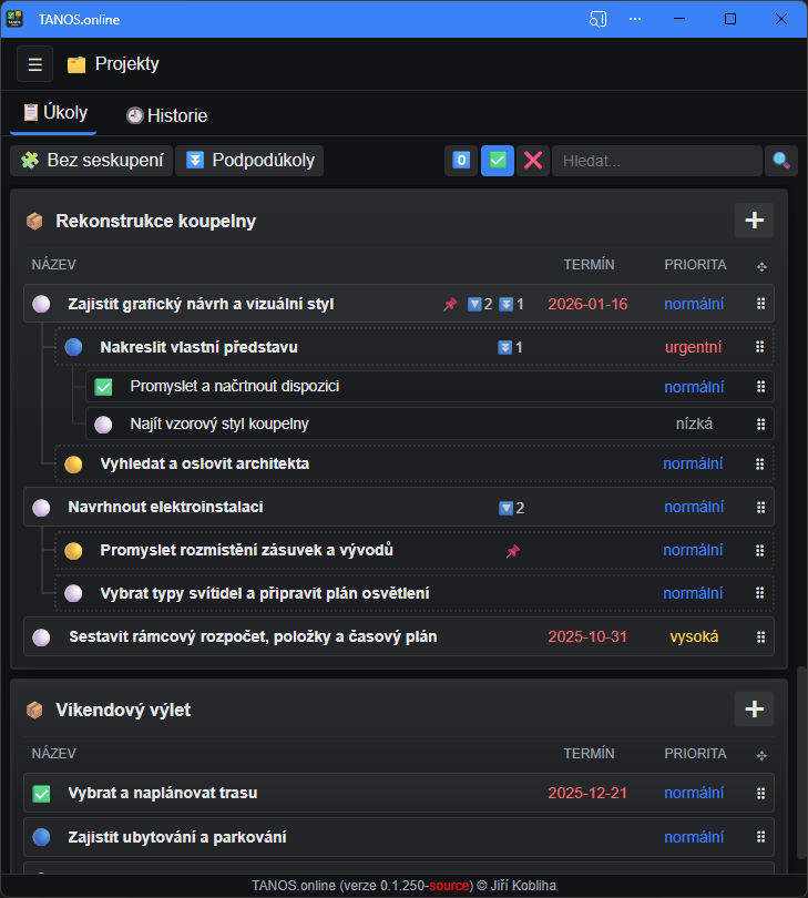 Projets et tâches (thème sombre)